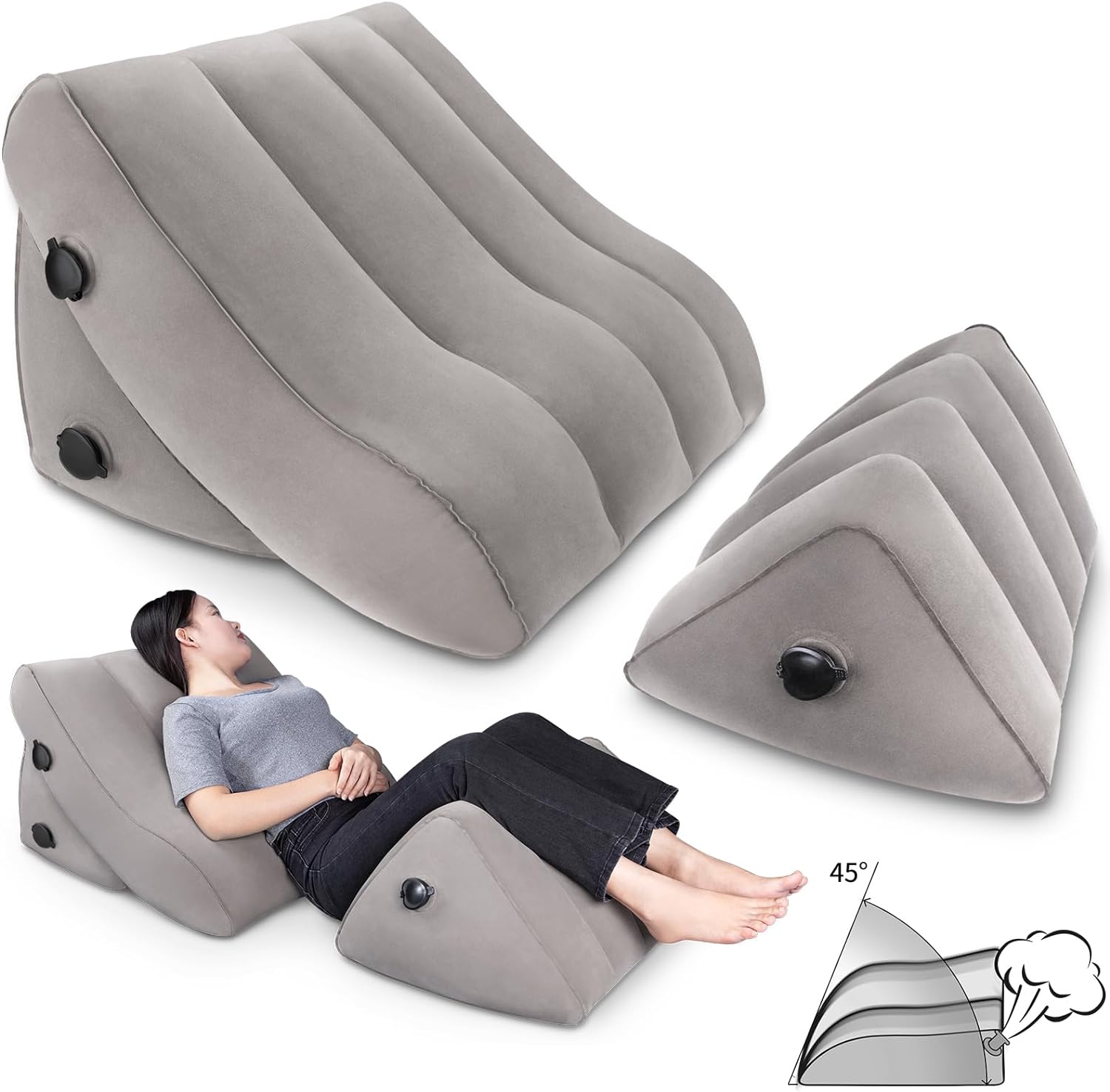 Inflatable Bed Wedge Pillow Set 2 PCS Post Surgery Support Pillow for Back Knees Leg Pain Relief Adjustable Sitting Pillows for Acid Reflux anti Snoring Heartburn GERD Sleeping Grey Bodysiac